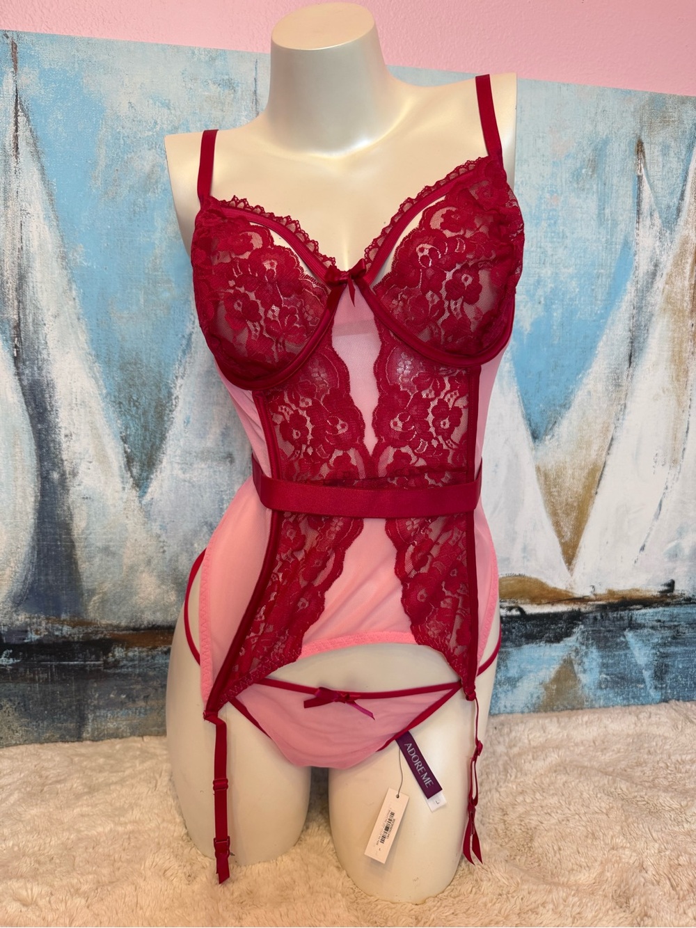 Adore Me Lyla Two-Tone Lace Bustier set in Red and Pink